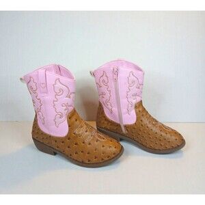 Pawz Western Cowboy Ankle Boots Zip Embroidered Heart Brown/Pink Girls' 4